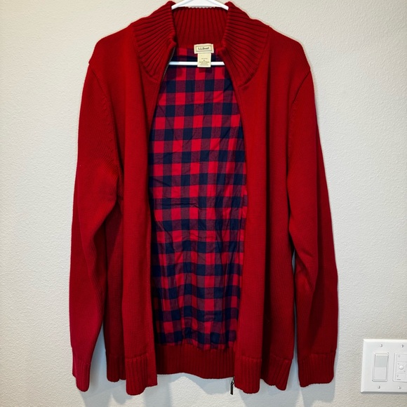 Men’s LL Bean Flannel Plaid Lined Full Zip Sweater Red Sweater XL 278929 - Picture 2 of 6